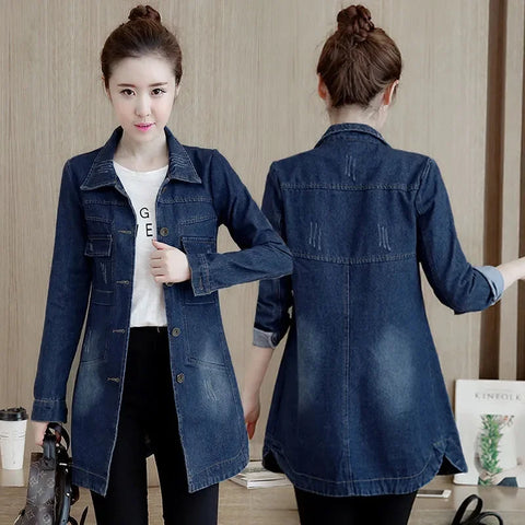 2024 Women's Slim Fit Denim Jacket Long Frayed Navy Blue Coat Autumn Winter Casual Korean Style