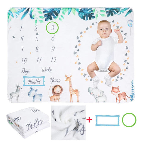 Baby Monthly Milestone Blanket Fleece Photography Prop Lion Rabbit Print for Boy Girl