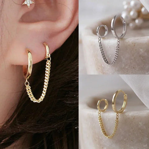 Gold Silver Chain Tassel Drop Earrings for Women - Fashion Two-Hole Piercing Jewelry