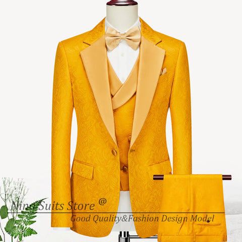 2024 Orange Jacquard Men's Suit 3-Piece: Blazer, Vest, Slim Pants - Tailor-made Groom Attire