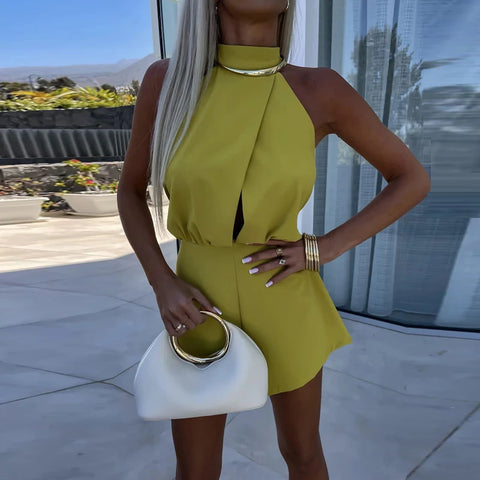 Elegant Women's Sleeveless High Waist Backless Romper Jumpsuit - Solid Color, Half Turtleneck, Sexy Summer Playsuit