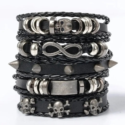 5pcs Metal Braided Punk Bracelet Set with PU Leather & Beads