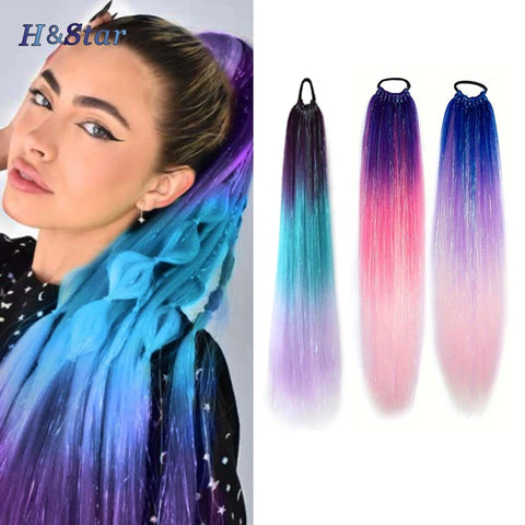 24" Sparkle Gradient Ponytail Hair Extension with Elastic Bands for Festival Braiding