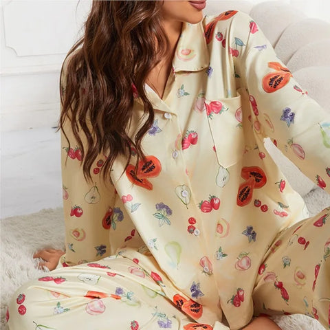2024 Women's Yellow Flower Fruit Print Pajama Set, Long Sleeve Shirt & Wide Leg Pants, Casual Sleepwear S-XXL