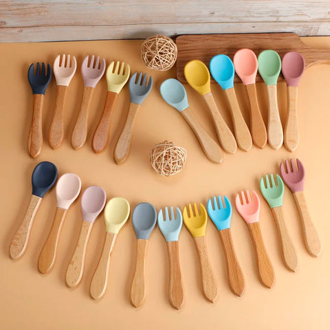 Baby Silicone Feeding Fork & Spoon Set with Wooden Handle - Perfect Gift for Christmas or Birthday