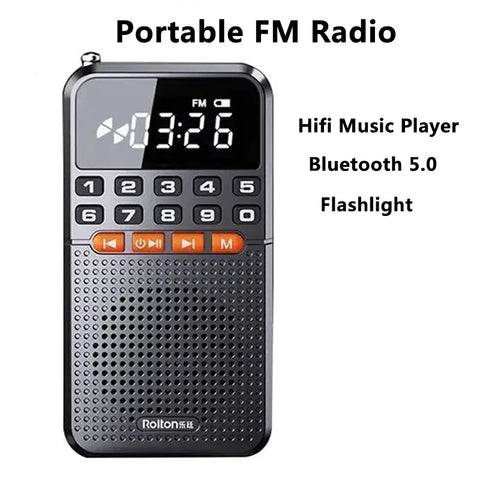 Compact Portable FM Radio Bluetooth Speaker with Dual Antenna, TF Card Music Player, LED Flashlight, Pocket Size Receiver