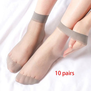 10 Pairs Transparent Thin Crystal Nylon Ankle Socks for Women Summer Fashion Skin Tone
