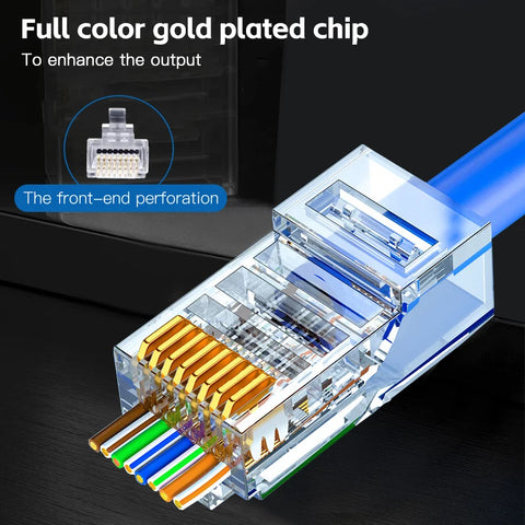 50pcs Cat6 RJ45 Network Connectors Unshielded Ethernet Cable Plugs Perforated Crimp Ends