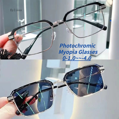 2024 Photochromic Myopia Glasses Metal Frame, Blue Light Resistant, Color-Changing Eyewear
