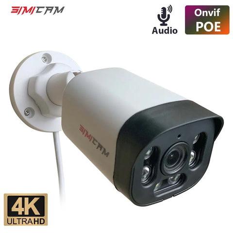 4K PoE Security Camera with Audio, Infrared Night Vision, Bullet Video Surveillance, 4MP/5MP/8MP, Compatible with NVR, 48V PoE, DC 12V