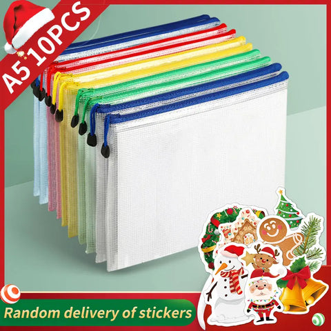 Christmas Stickers A5 Mesh Zipper Storage Bag, Waterproof & Rip-Proof Folder for Documents, Student & Office Supplies