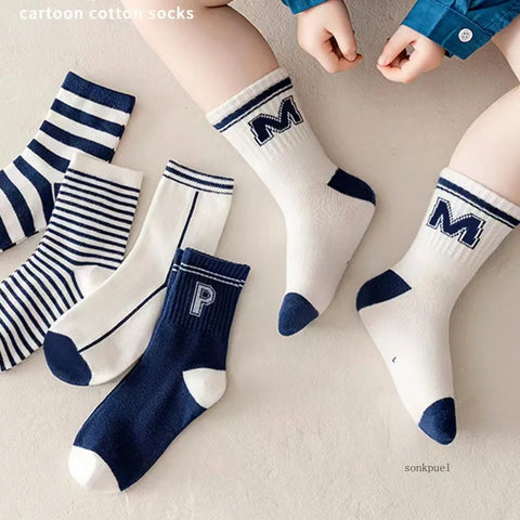 5 Pairs Kids Cartoon Sports Tube Socks - Soft Breathable Cotton, Spring Design