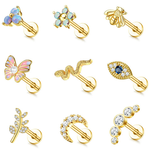 16g Cartilage Earrings Studs for Women Stainless Steel Flat Back Butterfly Moon Flower Helix Tragus Piercing Jewelry