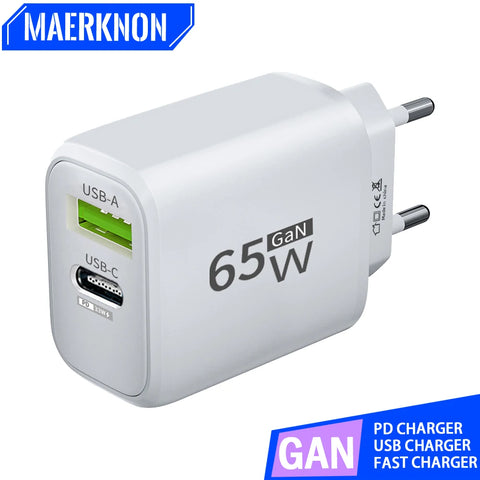 65W GaN USB-C Charger PD Fast Charging, Quick Charge 3.0 for iPhone 15