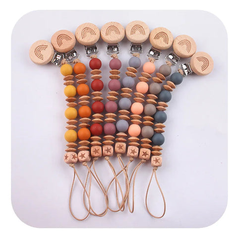 Beech Wood Pacifier Clip Anti-Drop Silicone Beads Infant Nipple Chain Baby Accessory
