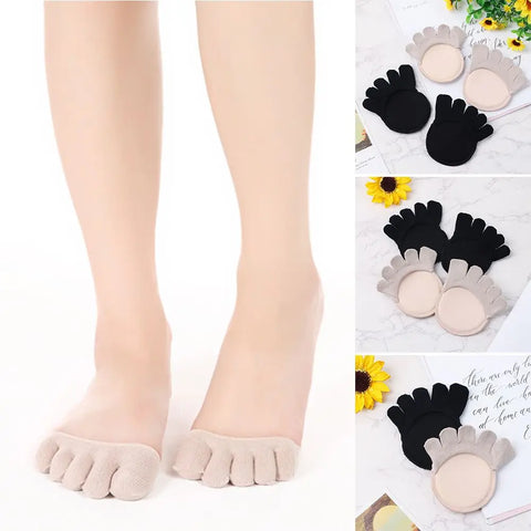 1 Pair Five-Finger Half Cotton Sweat-Absorbent Socks with Silicone Toe Pads for High Heels