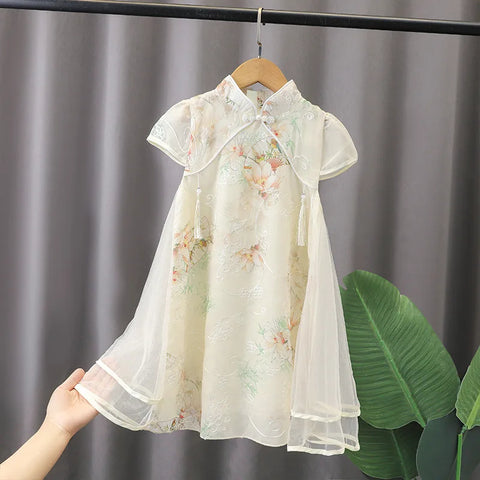 Baby Girl Summer Qipao Dress - Floral Chinese Tang Style, Ages 2-10, Loose Sleeves, Birthday Outfit