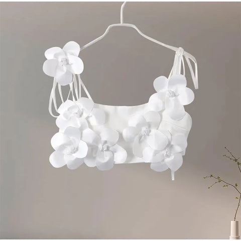 2024 Summer White Beach Flower Lace-Up Women's Sleeveless Backless Crop Top