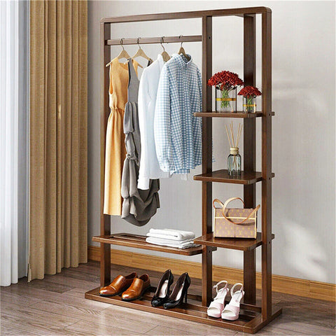 3-in-1 Bamboo Hall Tree Clothes Rack with Shelves & Shoe Bench, Heavy Duty Organizer with Hanging Rod