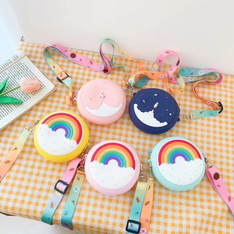 Children's Silicone Rainbow Donut Crossbody Bag Mini Handbag Coin Purse Wallet with Adjustable Strap for Baby Girls