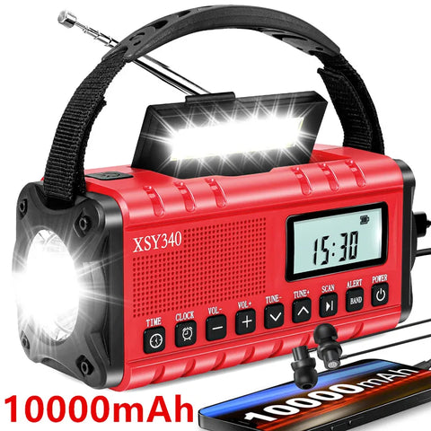 10000mAh Solar Hand Crank Emergency Radio - NOAA AM/FM/SW with Flashlight & Weather Alerts