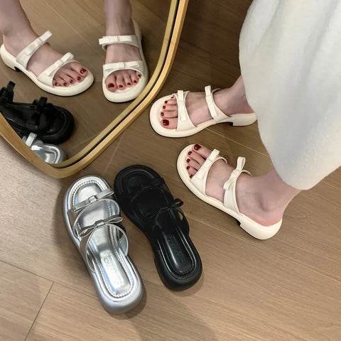 2024 Women's Summer Open Toe Low Heel Silver Comfort Beach Slippers Zapatillas
