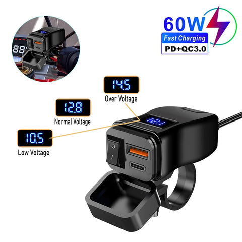 60W PD QC3.0 Motorcycle USB Fast Charger Dual Socket with Switch Voltmeter Waterproof 12V Adapter