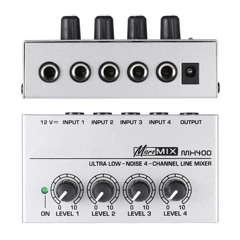 4-Channel Ultra Compact Audio Mixer & Headphone Amplifier with Low Noise and Power Adapter for DJ and Karaoke