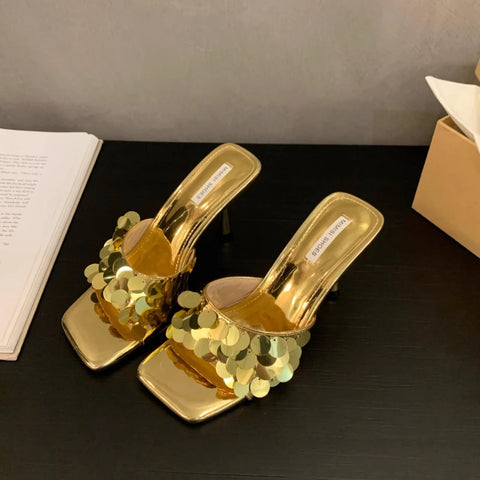 2024 Summer Women's Silver Square Toe High Heels & Slippers - Fashionable Outdoor Shoes