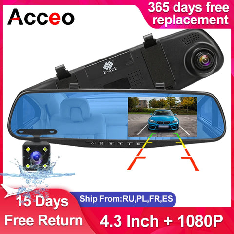 4.3" 1080p Dashcam Dual Lens DVR Rearview Mirror Car Recorder Front Rear Camera