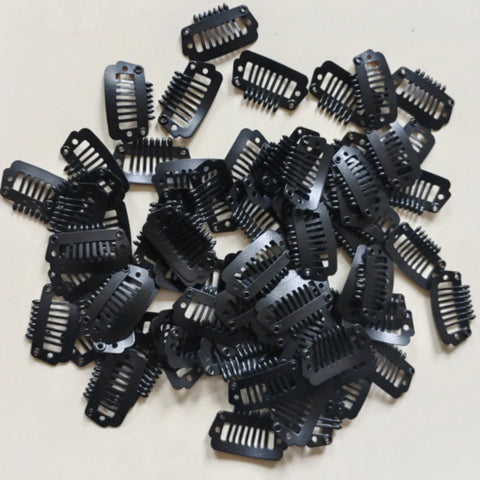 50pcs 7 Teeth Black Metal Snap Hair Extension Clips 2.3cm I-Shape for Wigs and Hairpieces