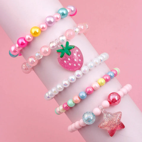 5-Pack Cute Strawberry Star Charm Beaded Bracelets for Girls - Ideal for Parties, Birthdays, Random Colors