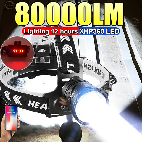 80,000lm Powerful USB Rechargeable LED Headlamp Flashlight for Camping, Fishing, XHP360 Large Aperture Headlight Lantern
