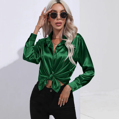 Elegant Women's Satin Silk Long Sleeve Shirt - Olive Green/White Blouse Office Wear Spring/Summer Lapel Button Casual Top