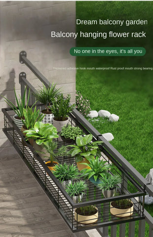 Hanging Wrought Iron Flower Rack Shelf for Balcony Railings & Indoor Plant Pots