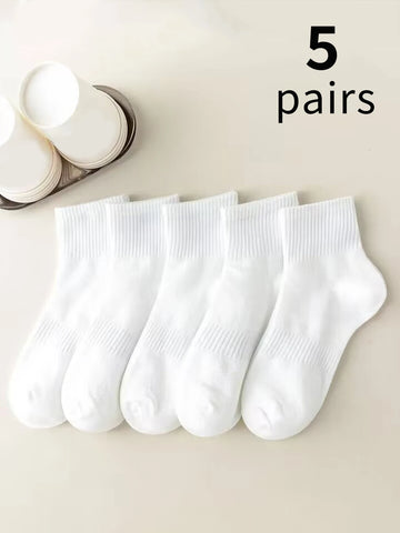 5 Pairs White Mid-Tube Socks, Korean Style Unisex Summer & Autumn Sports Socks, Fashionable Long Socks for Couples
