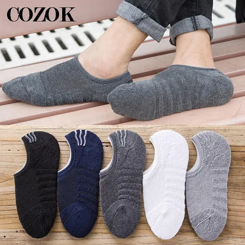 5 Pairs Men’s Invisible Cotton Stripe Boat Socks, Anti-Slip, Large Sizes EU39-45