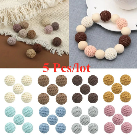 5pc Wool Crochet Teething Beads for Baby Pacifier Clip & Nipple Holder DIY Accessories