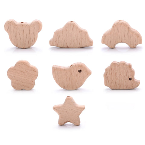10pcs Animal Star Wooden Beads Beech Wood Baby Teether DIY Pacifier Chain Accessories