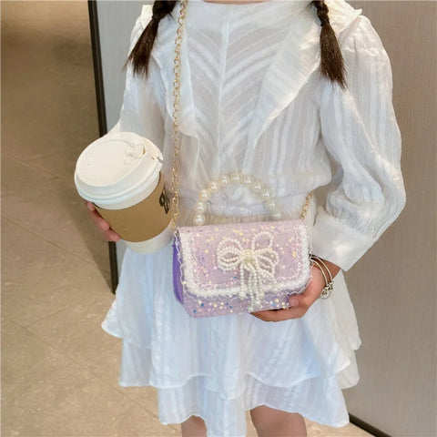 2024 Korean Style Kid's Pearl Handbag Lace Bow Princess Shoulder Bag Sequin Wallet Pocket