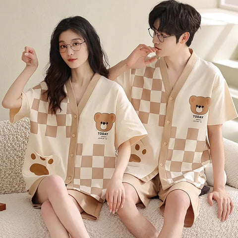 Cute Bear Cartoon Couple Pajamas Set - Cotton Summer Shorts & Kimono Cardigan Homewear for Men & Women Matching Nightwear