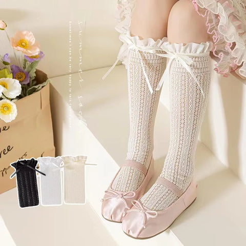 Girls Lace Bow Tube Stockings - Sweet Jacquard Mesh Ballet Net Socks Frilly Lolita Leggings