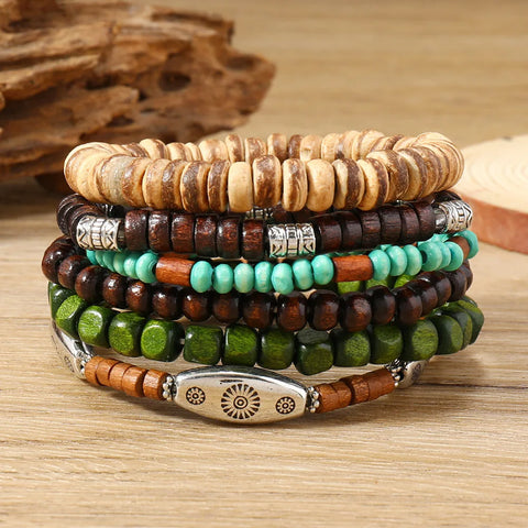 Bohemian Beaded Men's Bracelets Set, Multilayer Wood & Coconut Accessories