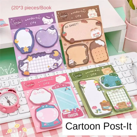 Cute Cartoon Sticky Notes 60 Sheets - Colorful Kawaii Memo Pads for School & Office Stationery