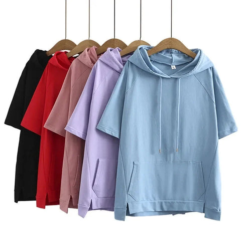 2023 Women's Oversize 4XL Hoodies - Cotton Short-Sleeve Sweatshirt - Thin Casual Loose Pullover Top