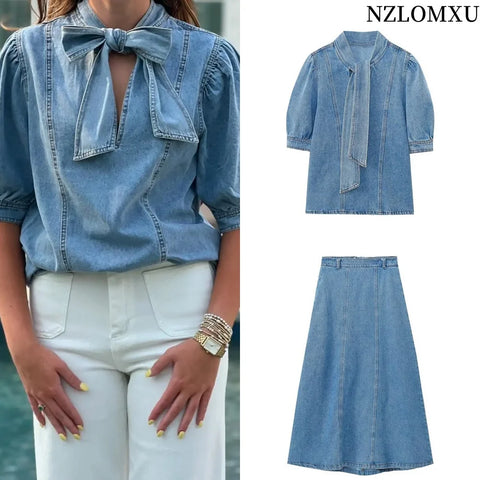 2025 Women's Fashion Bowtie Denim Shirt - Casual Loose Blouse with Long Sleeves