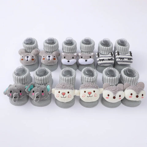 3 Pairs Cartoon Knitted Baby Socks, Autumn Cotton Prewalker for Newborns, Toddler Girls & Boys