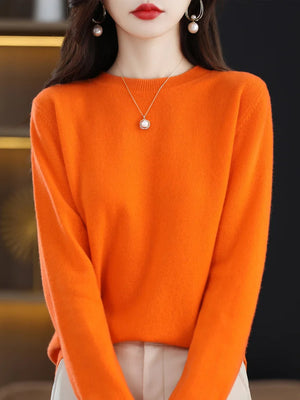 100% Merino Wool Women's O-neck Sweater Long Sleeve Pullover Jumper for Spring, Autumn, Winter Knitwear Top
