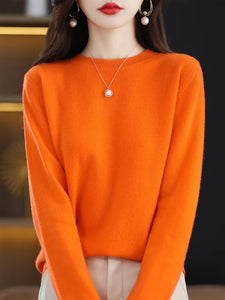 100% Merino Wool Women's O-neck Sweater Long Sleeve Pullover Jumper for Spring, Autumn, Winter Knitwear Top