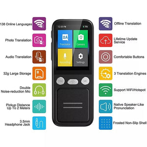 Portable T16 AI Voice Translator: 138 Languages, Real-Time, 3.1" Screen, Offline Capability, Voice Record